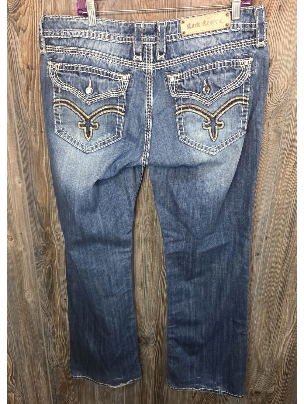 Rock Revival "Elaina" Easy Boot Denim Blue Jeans Women Sz 34 (38x32) Buckle Excl